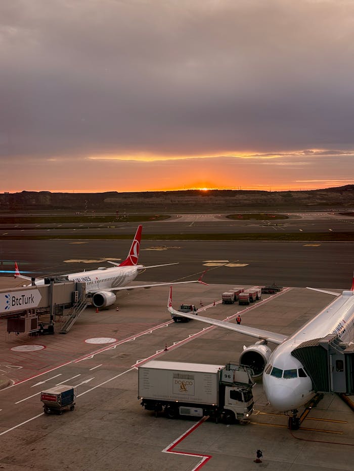 Inicio Scenic view of airplanes on an airport runway against a golden sunrise.